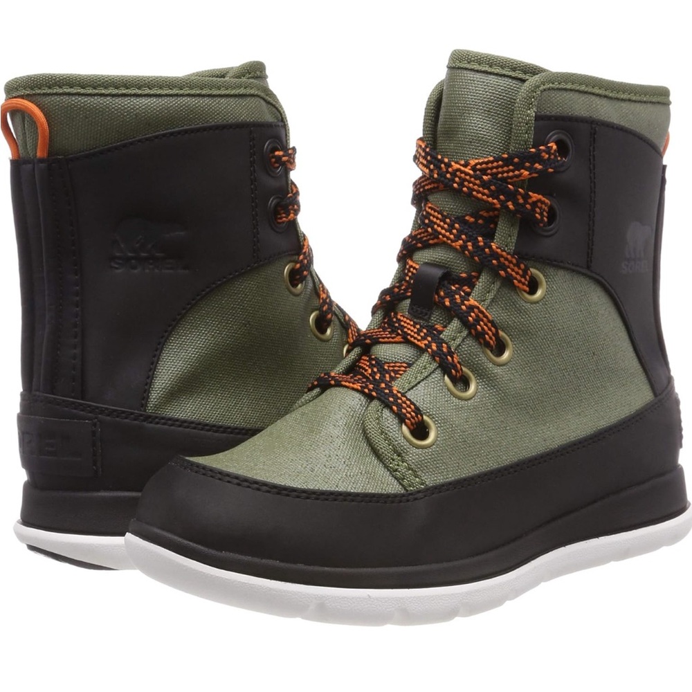 Sorel Olive Green and Black Waterproof Winter Boots with Orange Laces